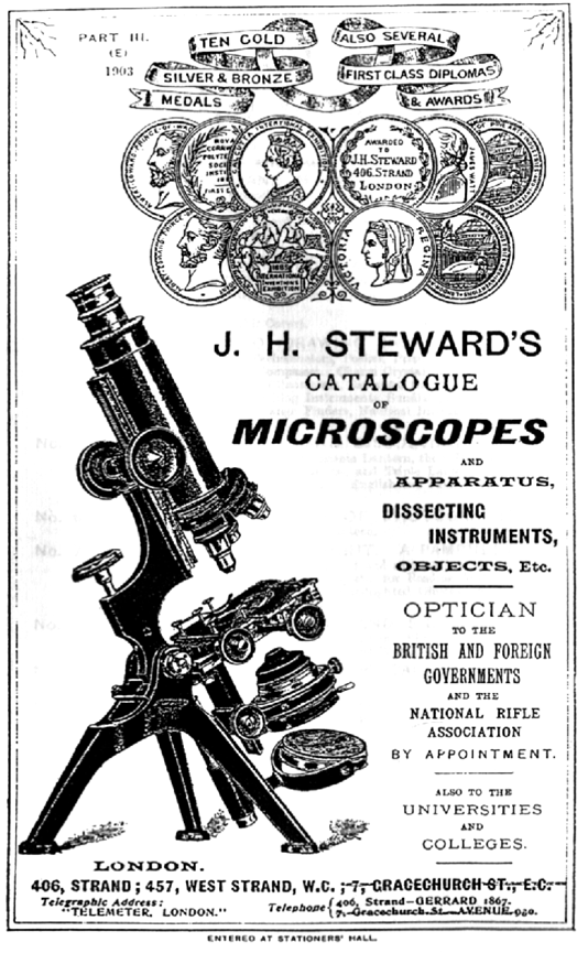 A black and white advertisement with a microscope
Description automatically generated