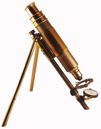 A gold telescope on a tripod
Description automatically generated