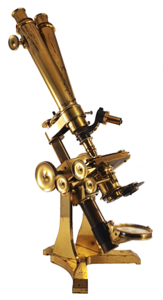 A gold microscope with wheels
Description automatically generated