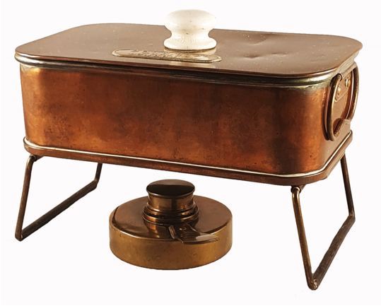 A copper container with a white handle
Description automatically generated